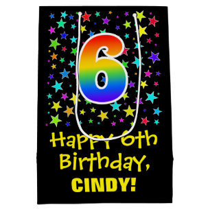 6th Birthday: Colourful Stars Pattern & Rainbow 6 Medium Gift Bag