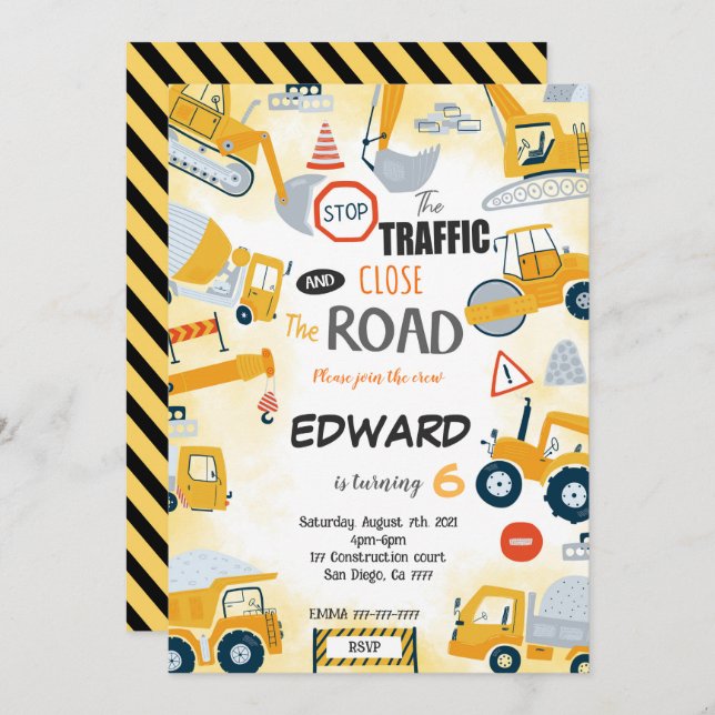 6th Birthday Construction Invitation (Front/Back)