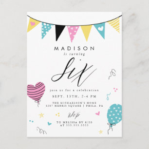 6TH BIRTHDAY   Cute Doodle Birthday Party Postcard