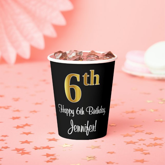 6th Birthday - Elegant Luxurious Faux Gold Look # Paper Cups (Insitu)