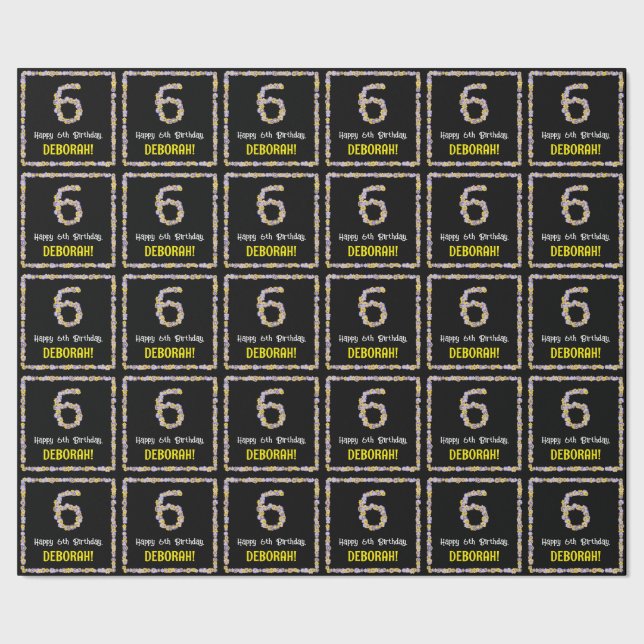 6th Birthday: Floral Flowers Number, Custom Name Wrapping Paper (Seam)