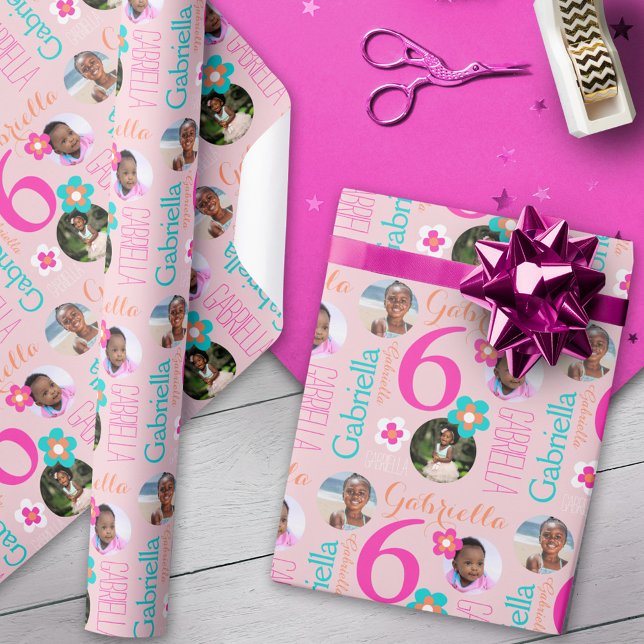 6th birthday flower custom name photos age kids wrapping paper (Creator Uploaded)