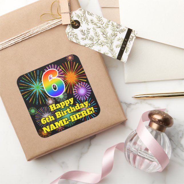 6th Birthday: Fun Fireworks Look, Rainbow # 6 Square Sticker (Gifting)