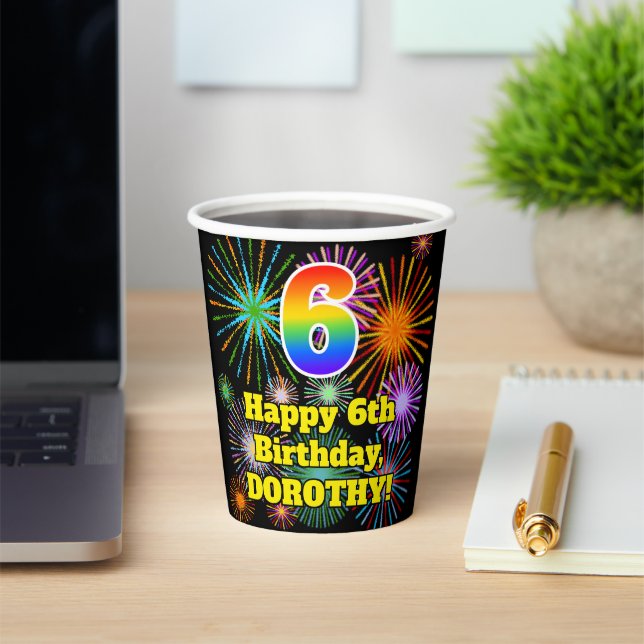 6th Birthday: Fun Fireworks Pattern + Rainbow 6 Paper Cups (Insitu)