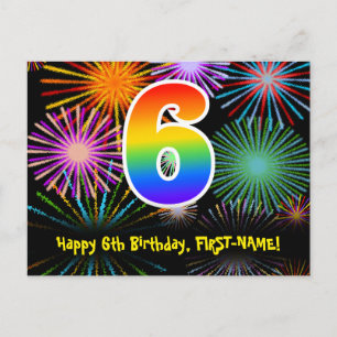 6th Birthday – Fun Fireworks Pattern + Rainbow 6 Postcard