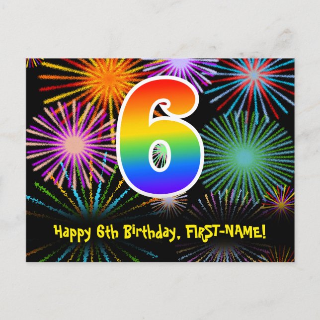 6th Birthday – Fun Fireworks Pattern + Rainbow 6 Postcard (Front)