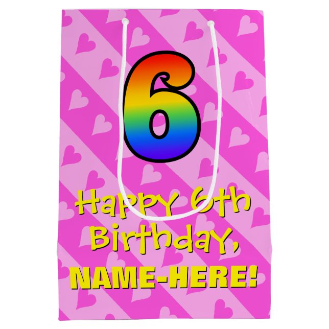 6th Birthday: Fun Pink Hearts Stripes & Rainbow 6 Medium Gift Bag (Back)