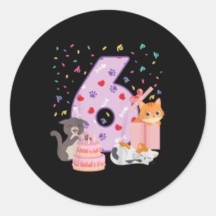 6th Birthday Girl Cute Cat Outfit 6 Years Old Bday Classic Round Sticker