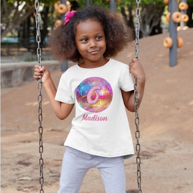 6th Birthday Gold Hot Pink Glitter Disco Ball T-Shirt (Creator Uploaded)