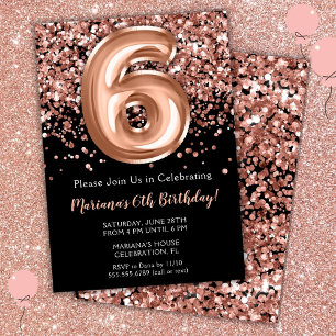 6th Birthday Invitation Black Rose Gold Glitter