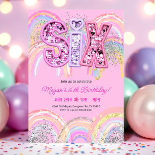 6th Birthday Invitation Girl Editable Rainbow Sequ
