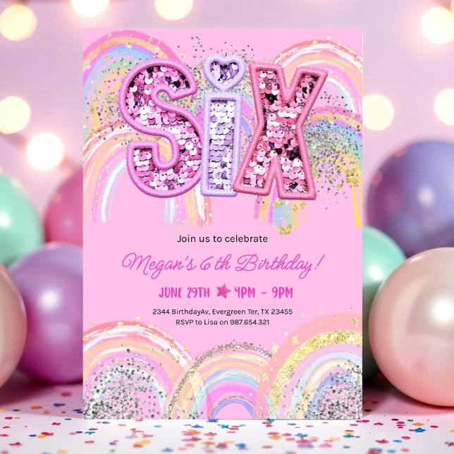 6th Birthday Invitation Girl Editable Rainbow Sequ (Creator Uploaded)