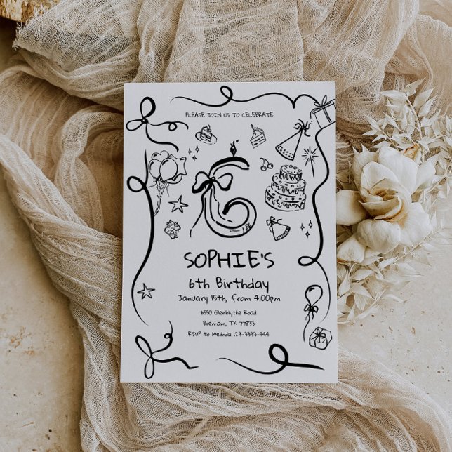 6th Birthday Invitation, Hand Drawn 6th Birthday  Invitation (Creator Uploaded)