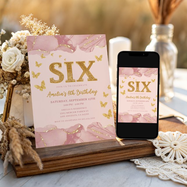 6th Birthday Invitation Pink Gold Glitter Girl (Creator Uploaded)