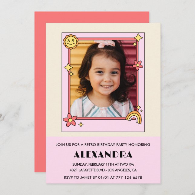 6th birthday invitation Retro Groovy Pink Floral (Front/Back)