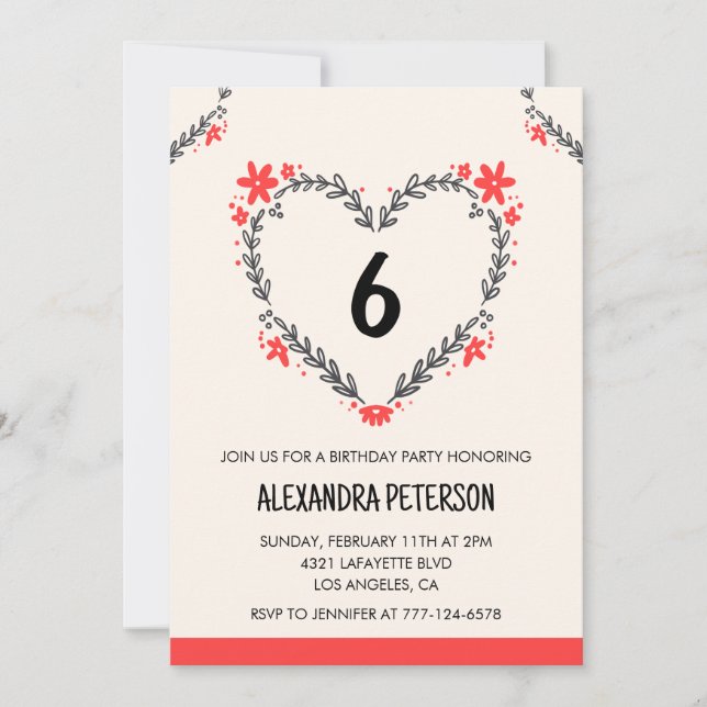 6th birthday invitations for her floral heart (Front)