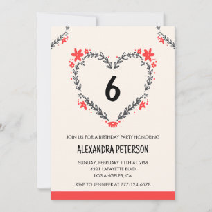 6th birthday invitations for her floral heart