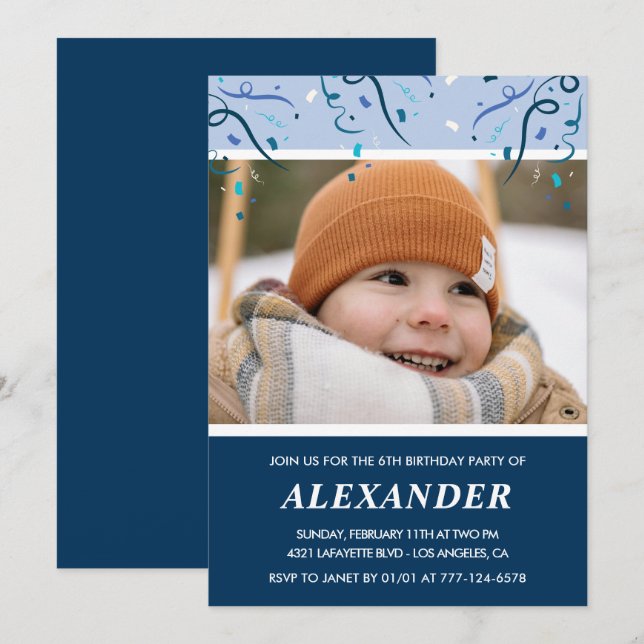 6th birthday invitations Photo Navy Blue (Front/Back)