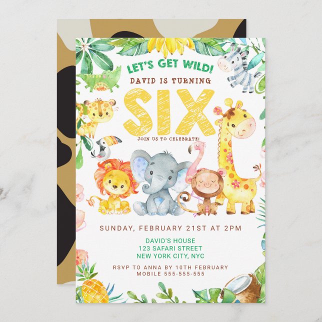 6th Birthday Party Animals Zoo Jungle Safari Cute Invitation (Front/Back)