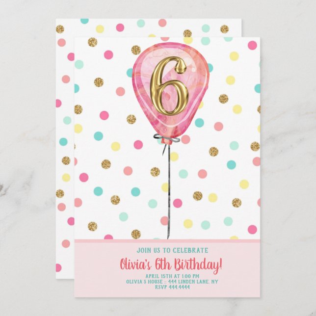 6th Birthday Party Balloon Invitation (Front/Back)