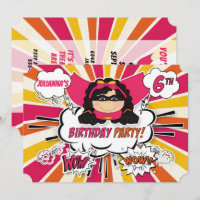 6th Birthday Party Girls Superhero Pink Comic Invi