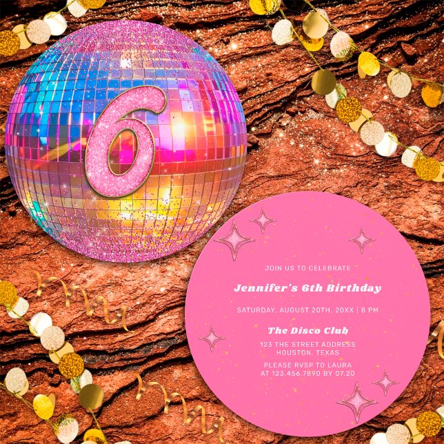 6th Birthday Party Gold Pink Glitter Disco Ball Invitation (Creator Uploaded)