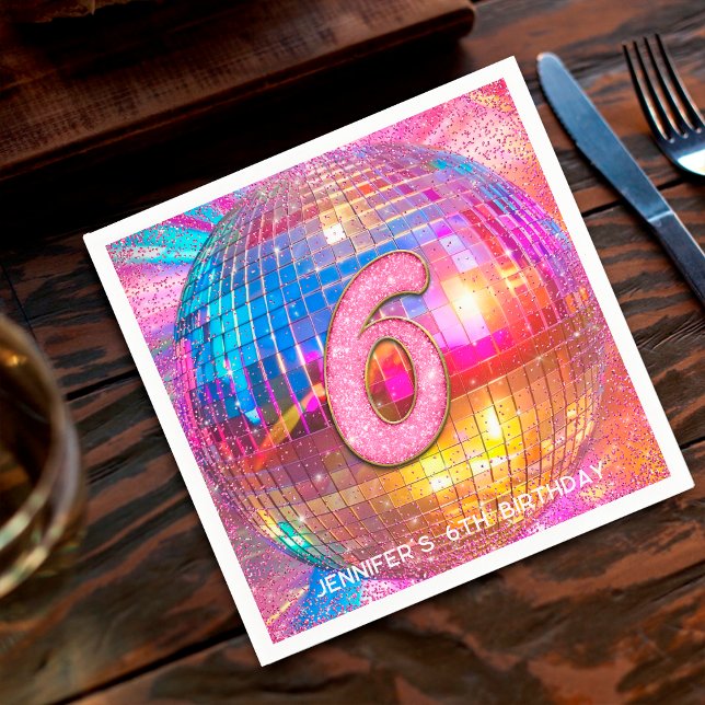 6th Birthday Party Gold Pink Glitter Disco Ball Napkin (Creator Uploaded)