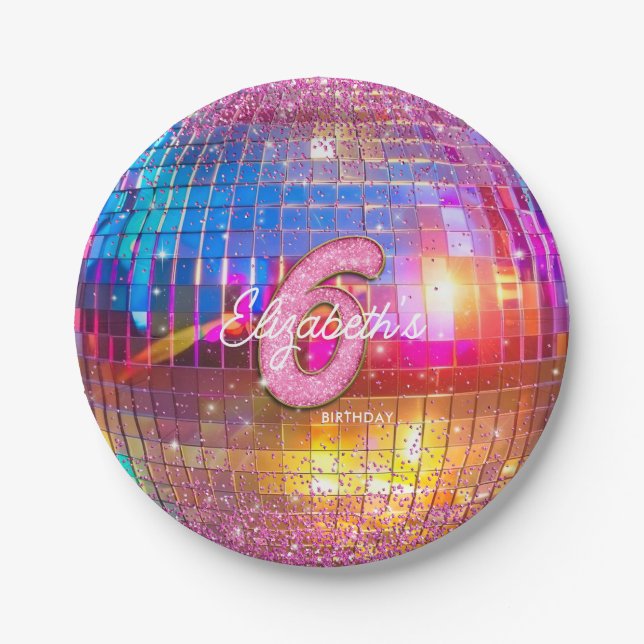 6th Birthday Party Gold Pink Glitter Disco Ball Paper Plate (Front)