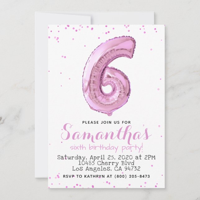 6th Birthday Pastel Pink Balloon Invitation (Front)