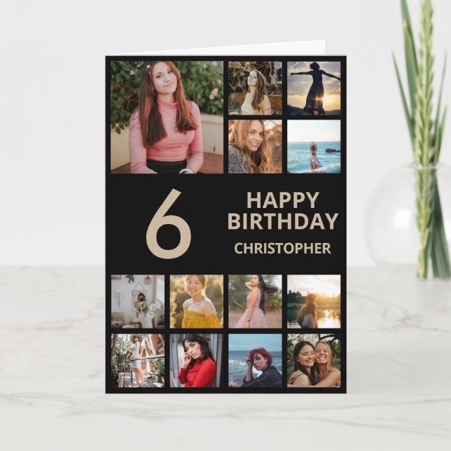 6th Birthday Photo Collage 13 Photos Black & Gold Card (Front)