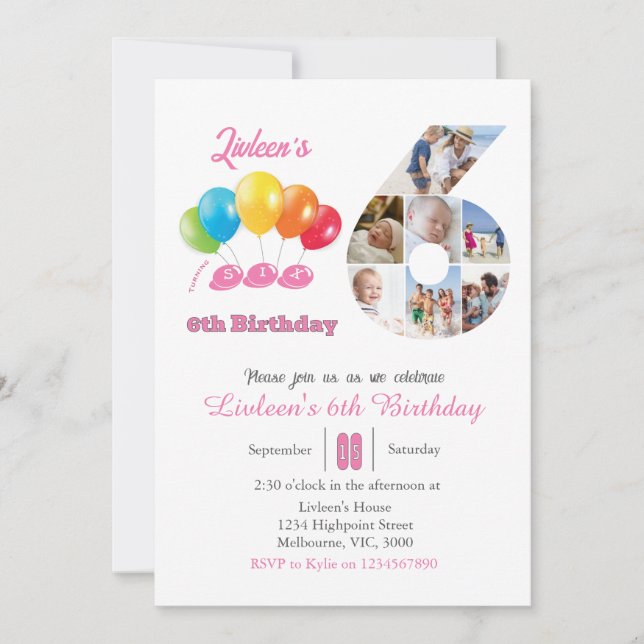 6th birthday photo collage number 6 Girl  Invitation (Front)