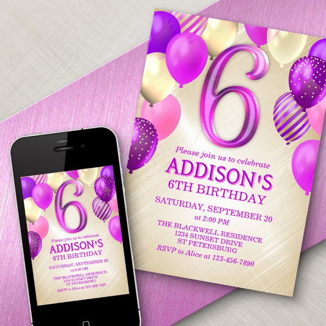 6th Birthday Pink Balloons Invitation (Creator Uploaded)