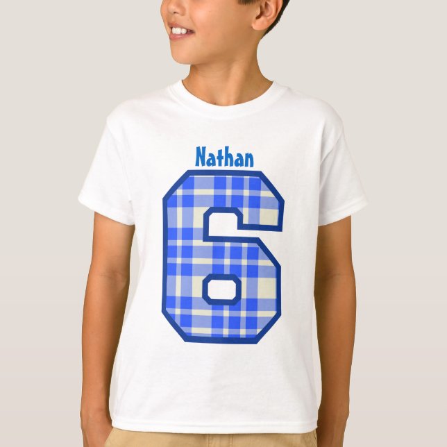 6th Birthday Plaid Pattern Big Number Name V03A T-Shirt (Front)