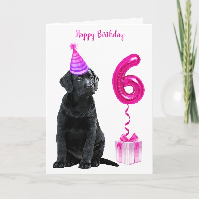 6th Birthday Puppy Theme- Cute Dog Pink Girl Pawty Card (Front)