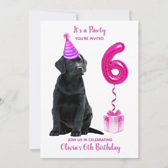 6th Birthday Puppy Theme- Cute Dog Pink Girl Pawty Invitation (Front)