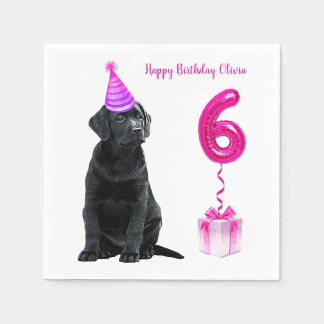 6th Birthday Puppy Theme- Cute Dog Pink Girl Pawty Napkin (Front)