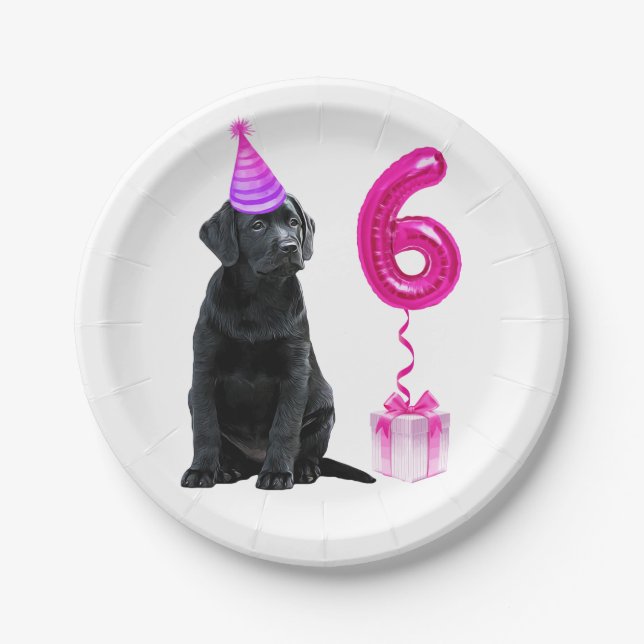 6th Birthday Puppy Theme- Cute Dog Pink Girl Pawty Paper Plate (Front)
