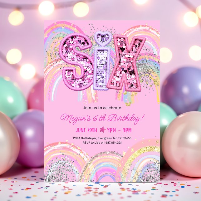 6th Birthday Rainbow Invitation (Rainbow Pastel Sequin 6th Birthday Pink Invitation)