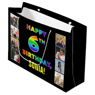 6th Birthday: Rainbow Text, Custom Photos & Name Large Gift Bag