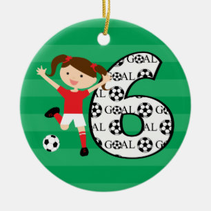 6th Birthday Red and White Soccer Girl 1 Ceramic Tree Decoration