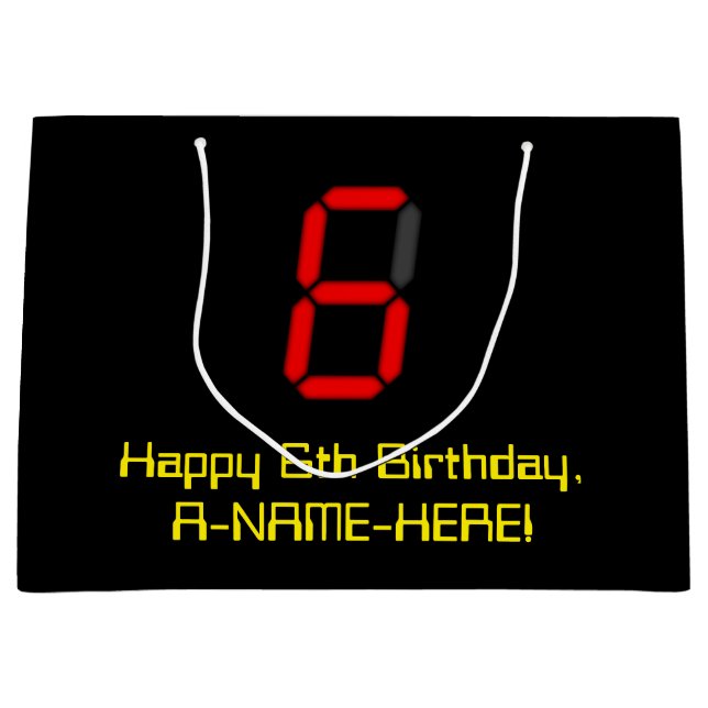 6th Birthday: Red Digital Clock Style "6" + Name Large Gift Bag (Front)