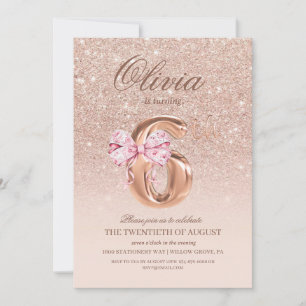 6th Birthday Rose Pink Gold  Bow Birthday Party  Invitation