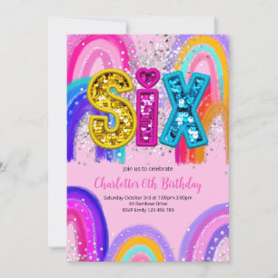 6th Birthday Sequin Rainbow Party Invitation