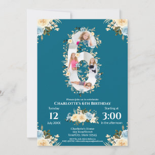 6th Birthday Teal Flower Photo Collage Blue Yellow Invitation