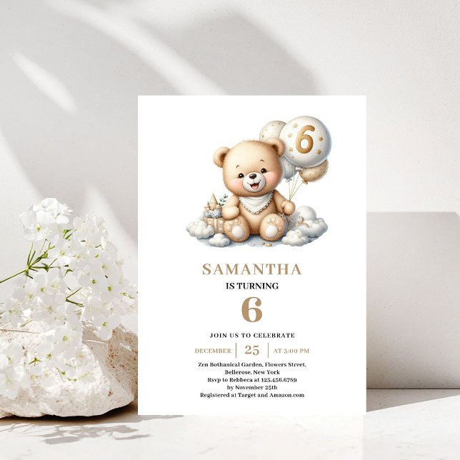 6th Birthday Teddy Bear Gold Balloon Invitation (6th Birthday Teddy Bear Gold Balloon Invitation)