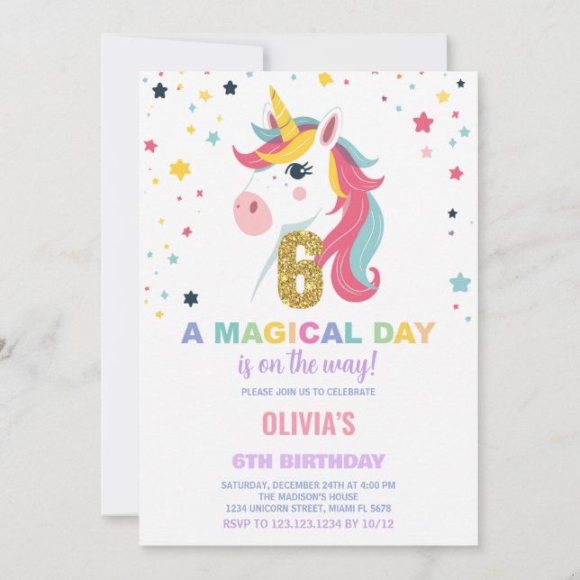 6th Birthday Unicorn Birthday Invitations (Front)