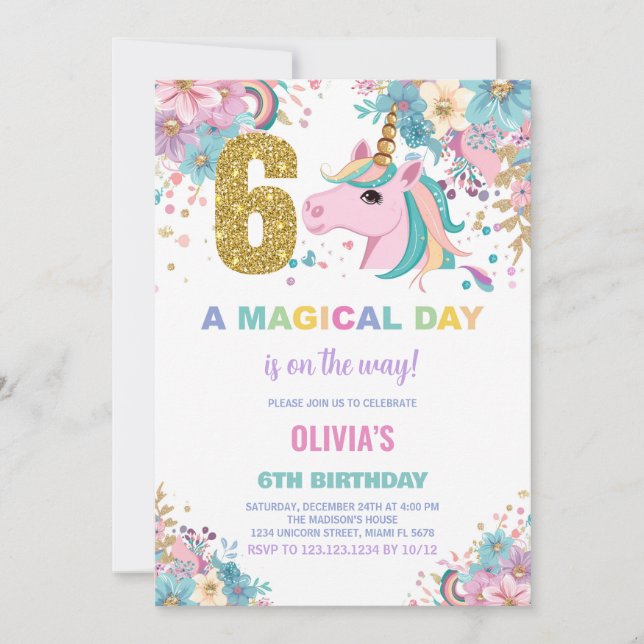 6th Birthday Unicorn Birthday Invitations (Front)