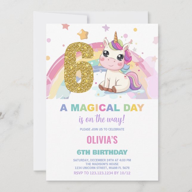6th Birthday Unicorn Birthday Invitations (Front)