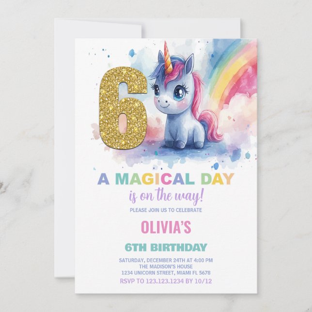 6th Birthday Unicorn Birthday Invitations (Front)