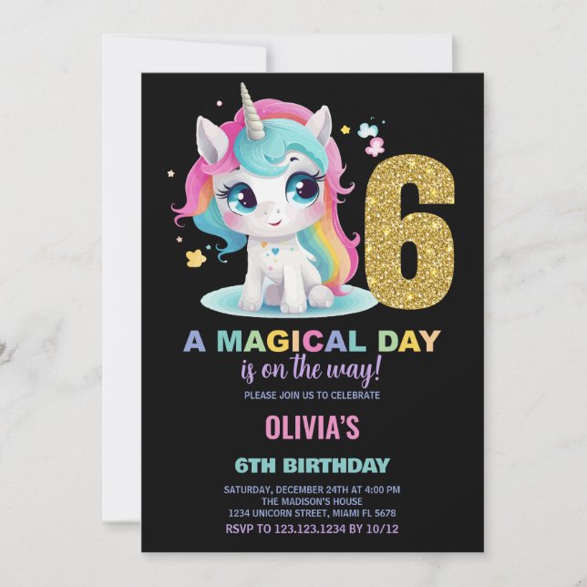 6th Birthday Unicorn Birthday Invitations (Front)